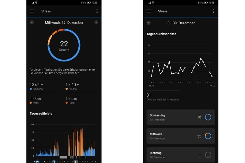 Уровень стресса можно увидеть в приложении Garmin.